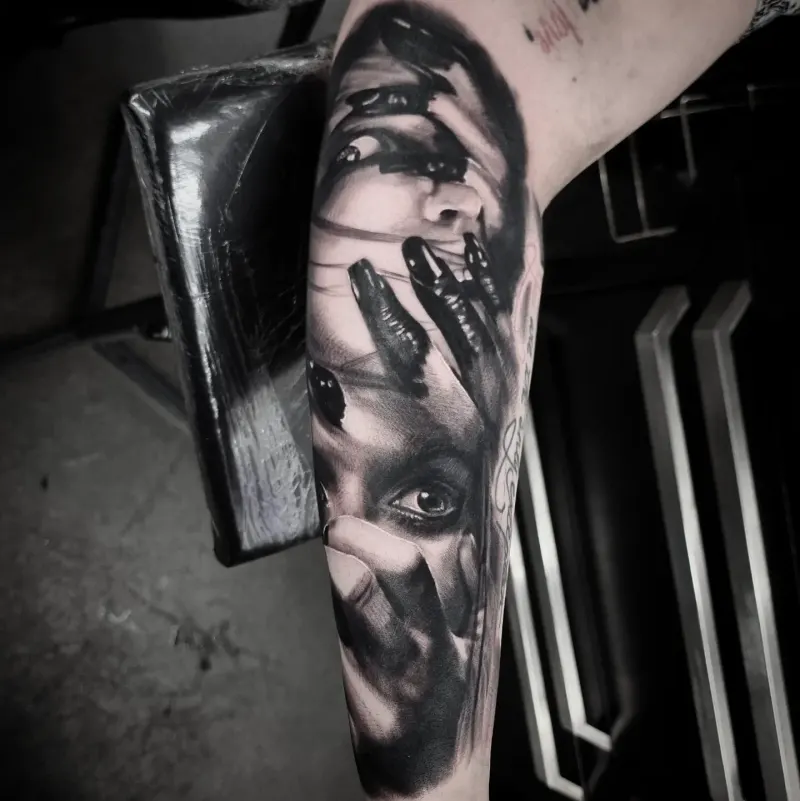 Black and grey realism portrait tattoo by Tomek Turlej, tattoo artist in Edinburgh