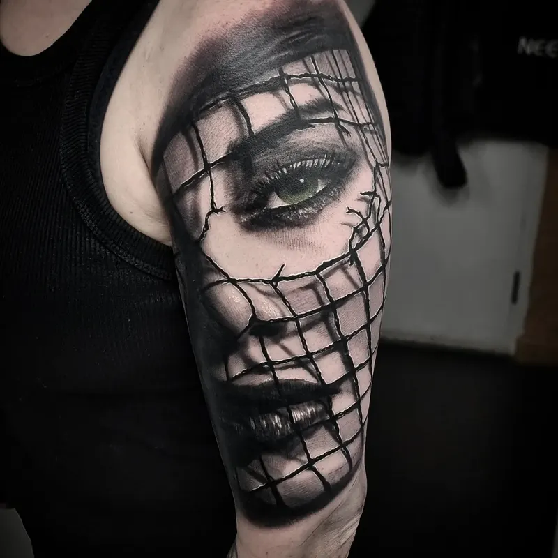 Fine detail black and grey portrait tattoo, custom work by Edinburgh tattoo artist Tomek Turlej