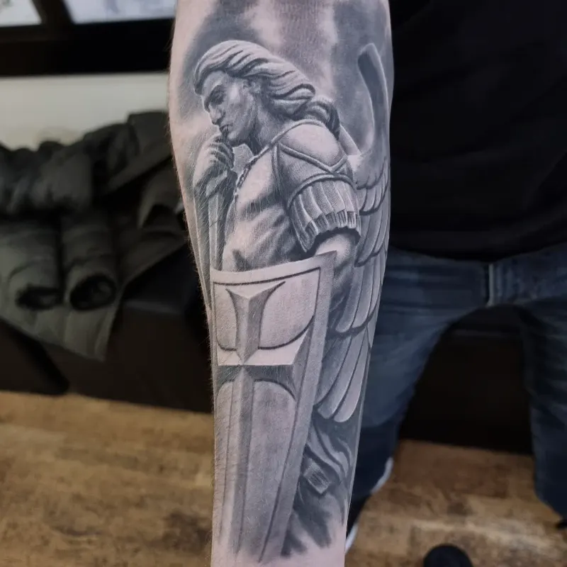 Realistic black and grey portrait tattoo healed, by Tomek Turlej at Studio XIII Gallery Edinburgh