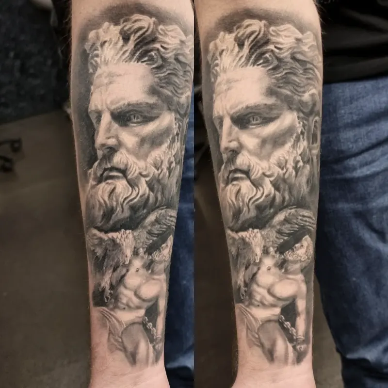 Fine detail black and grey portrait tattoo, custom work by Edinburgh tattoo artist Tomek Turlej