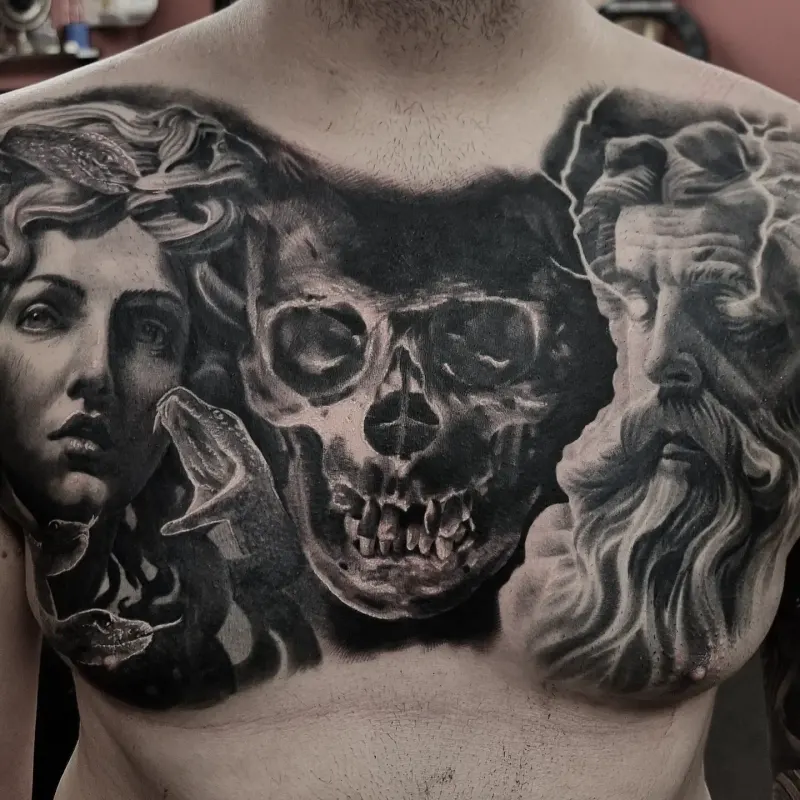 Fine detail black and grey portrait tattoo, custom work by Edinburgh tattoo artist Tomek Turlej