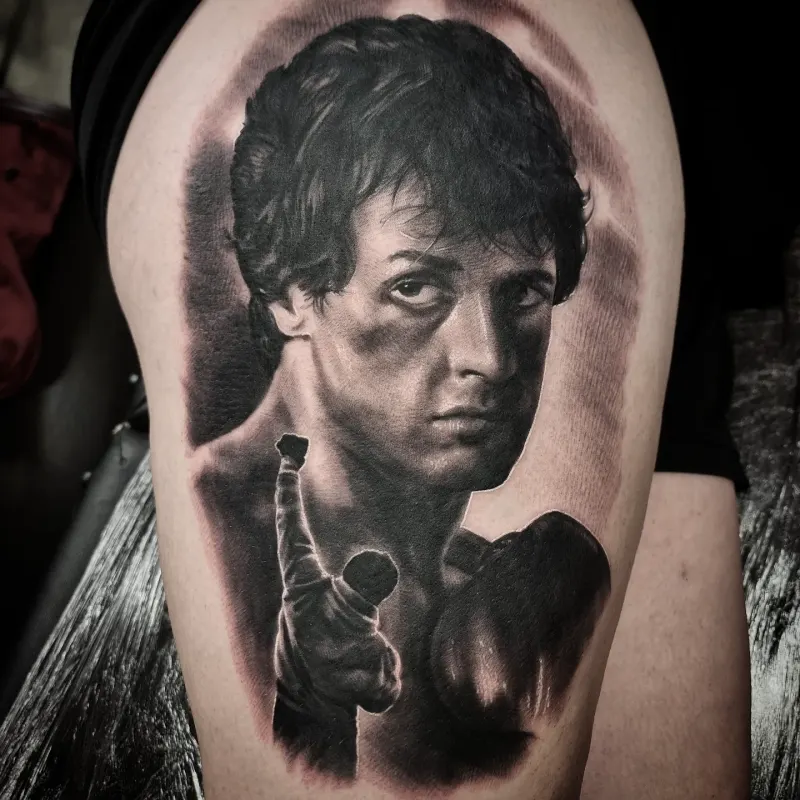 Realistic black and grey portrait tattoo healed, by Tomek Turlej at Studio XIII Gallery Edinburgh
