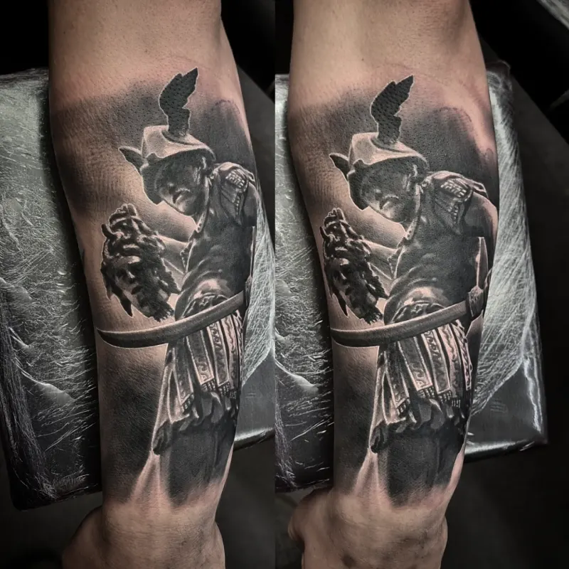 Photorealistic black and grey portrait tattoo by Tomek Turlej, Studio XIII Gallery, Scotland