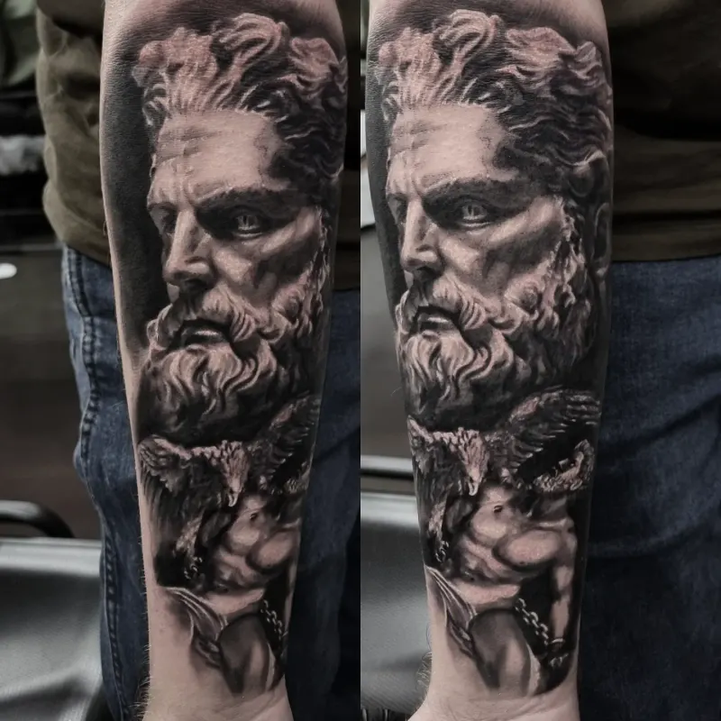 Black and grey realism portrait tattoo by Tomek Turlej, tattoo artist in Edinburgh