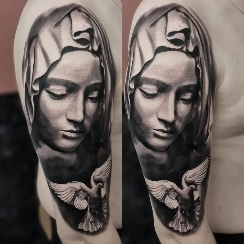 Realistic black and grey portrait tattoo healed, by Tomek Turlej at Studio XIII Gallery Edinburgh