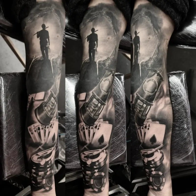 Fine detail black and grey portrait tattoo, custom work by Edinburgh tattoo artist Tomek Turlej