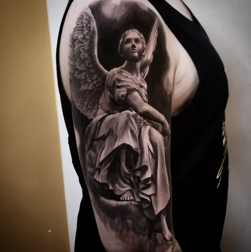 Photorealistic black and grey portrait tattoo by Tomek Turlej, Studio XIII Gallery, Scotland