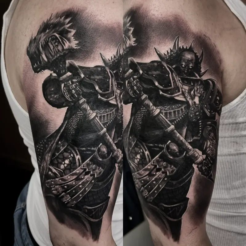 Fine detail black and grey portrait tattoo, custom work by Edinburgh tattoo artist Tomek Turlej