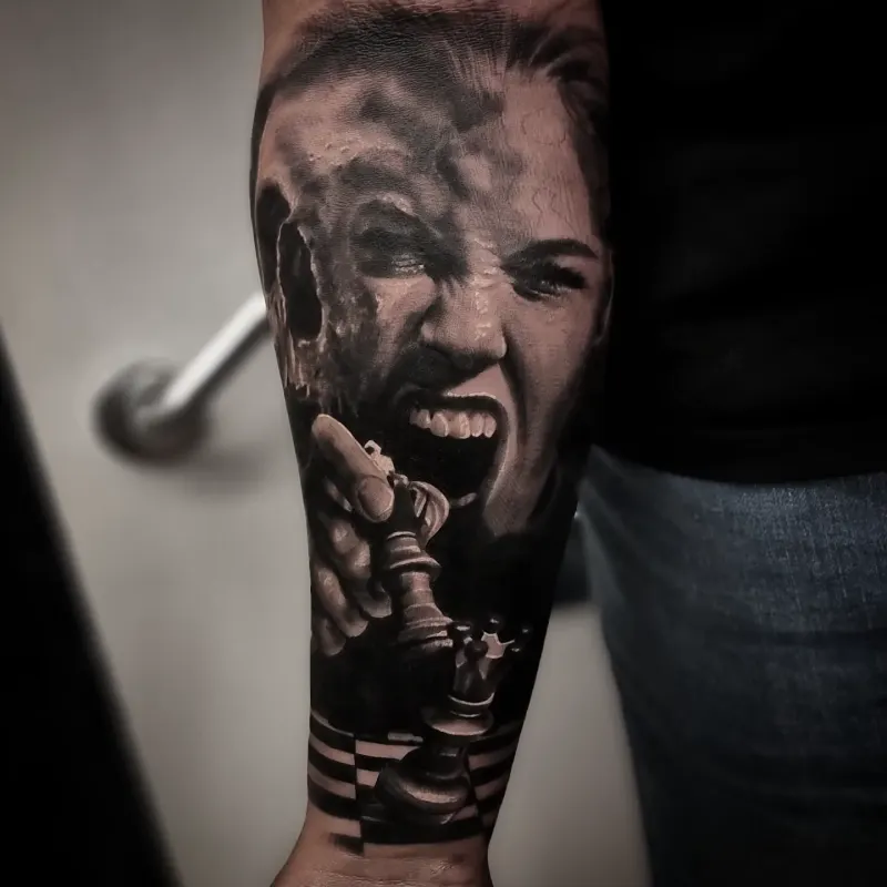 Photorealistic black and grey portrait tattoo by Tomek Turlej, Studio XIII Gallery, Scotland