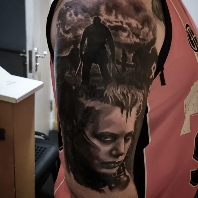 Black and grey realism portrait tattoo by Tomek Turlej, tattoo artist in Edinburgh