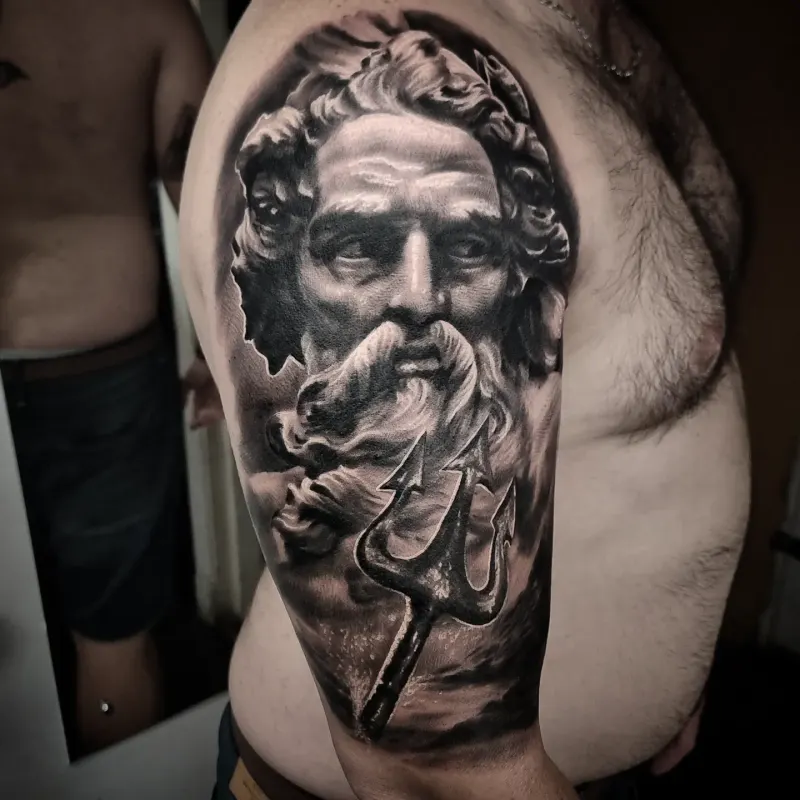 Fine detail black and grey portrait tattoo, custom work by Edinburgh tattoo artist Tomek Turlej