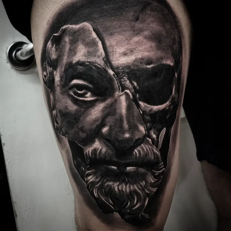 Photorealistic black and grey portrait tattoo by Tomek Turlej, Studio XIII Gallery, Scotland