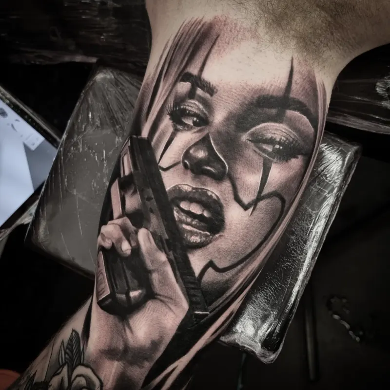 Black and grey realism portrait tattoo by Tomek Turlej, tattoo artist in Edinburgh