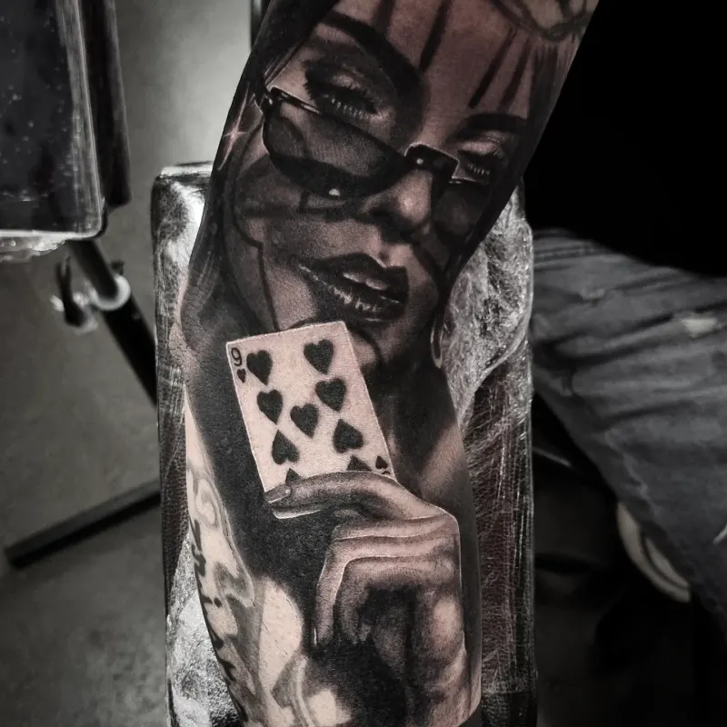 Realistic black and grey portrait tattoo healed, by Tomek Turlej at Studio XIII Gallery Edinburgh