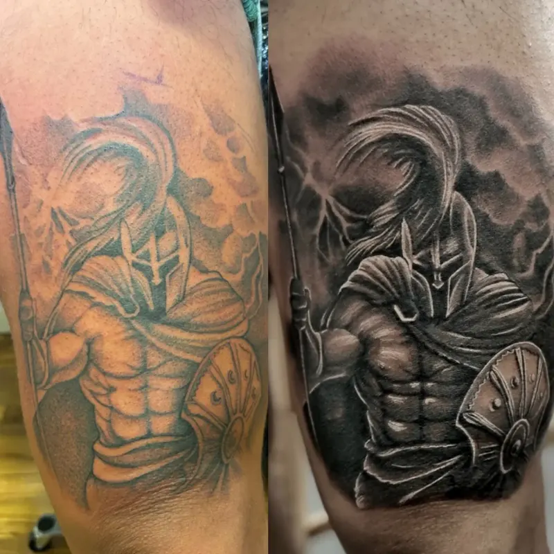 Realistic black and grey portrait tattoo healed, by Tomek Turlej at Studio XIII Gallery Edinburgh