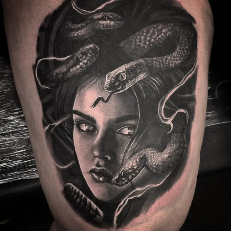 Fine detail black and grey portrait tattoo, custom work by Edinburgh tattoo artist Tomek Turlej