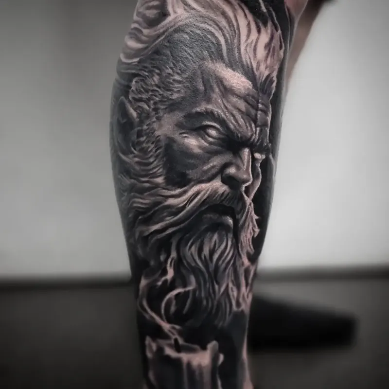 Fine detail black and grey portrait tattoo, custom work by Edinburgh tattoo artist Tomek Turlej