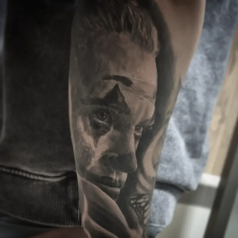 Realistic black and grey portrait tattoo healed, by Tomek Turlej at Studio XIII Gallery Edinburgh