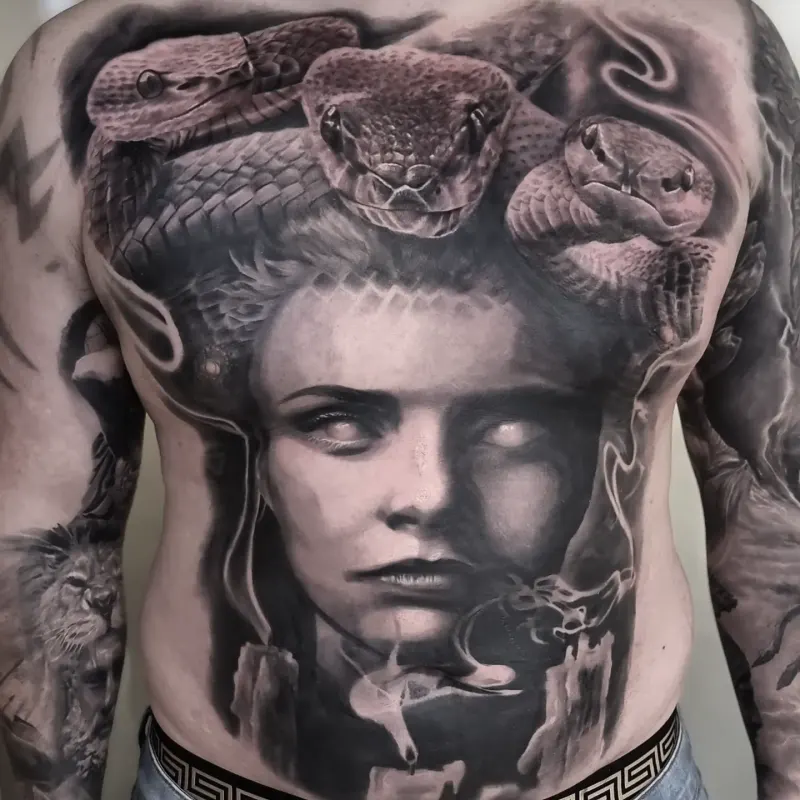 Photorealistic black and grey portrait tattoo by Tomek Turlej, Studio XIII Gallery, Scotland