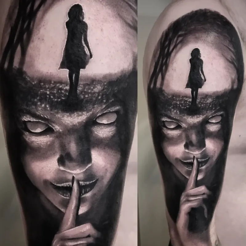 Realistic black and grey portrait tattoo healed, by Tomek Turlej at Studio XIII Gallery Edinburgh