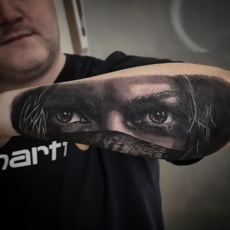 Fine detail black and grey portrait tattoo, custom work by Edinburgh tattoo artist Tomek Turlej