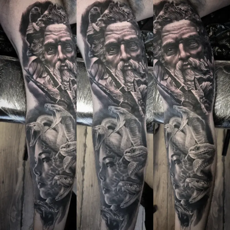 Black and grey realism portrait tattoo by Tomek Turlej, tattoo artist in Edinburgh