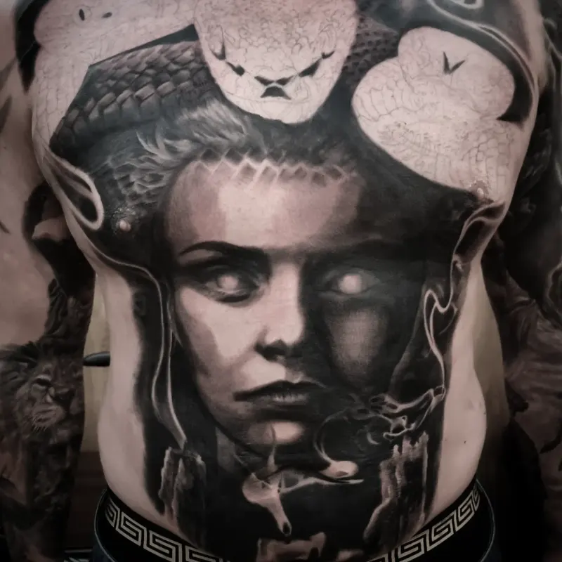 Realistic black and grey portrait tattoo healed, by Tomek Turlej at Studio XIII Gallery Edinburgh