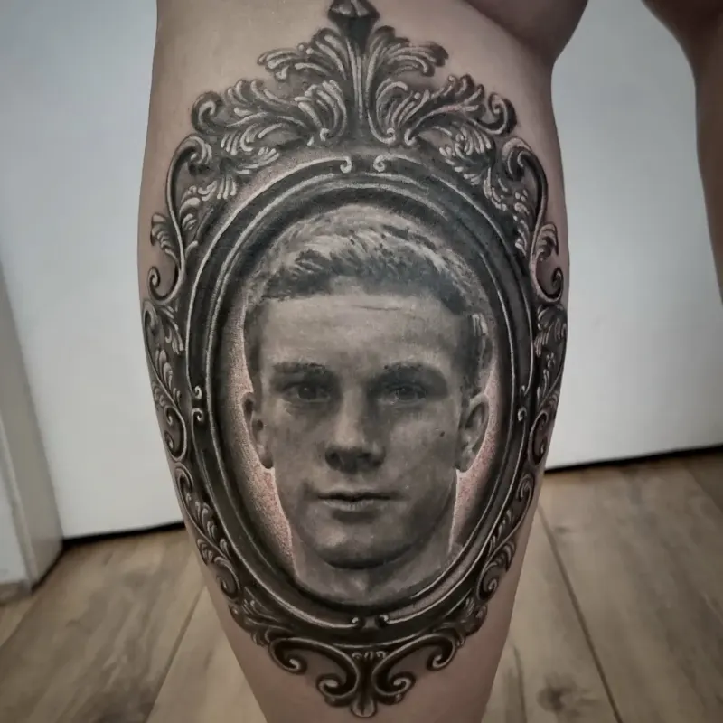 Fine detail black and grey portrait tattoo, custom work by Edinburgh tattoo artist Tomek Turlej