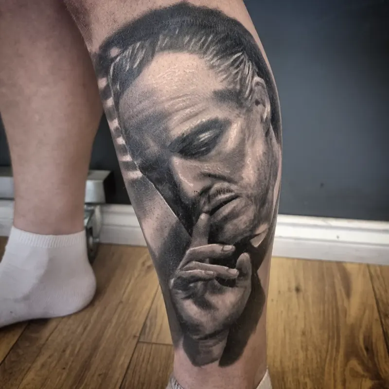 Photorealistic black and grey portrait tattoo by Tomek Turlej, Studio XIII Gallery, Scotland