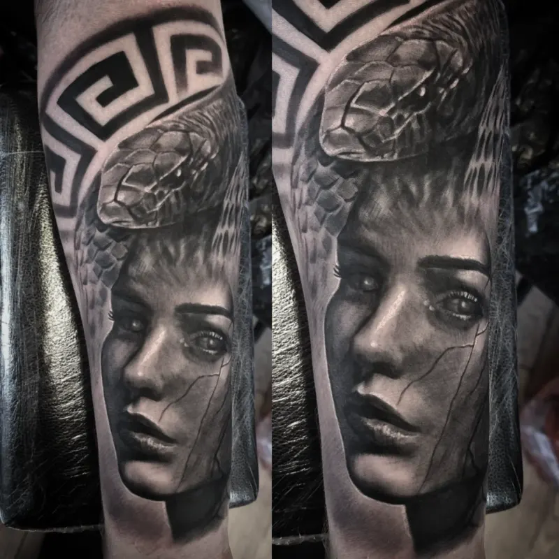 Realistic black and grey portrait tattoo healed, by Tomek Turlej at Studio XIII Gallery Edinburgh