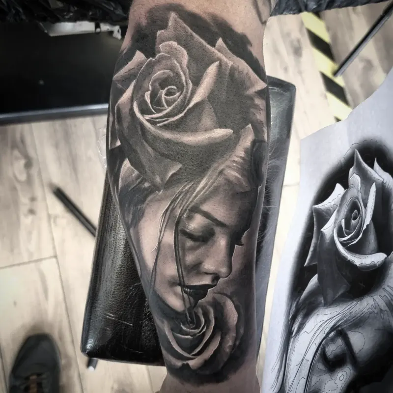 Fine detail black and grey portrait tattoo, custom work by Edinburgh tattoo artist Tomek Turlej