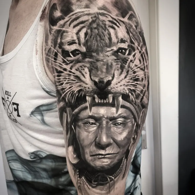 Realistic black and grey portrait tattoo healed, by Tomek Turlej at Studio XIII Gallery Edinburgh