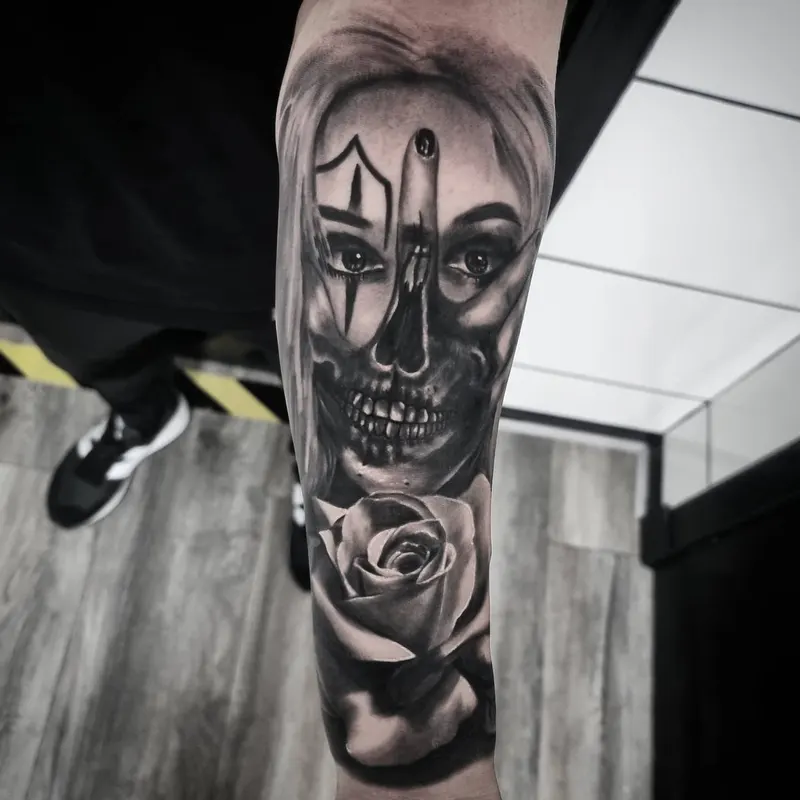 Fine detail black and grey portrait tattoo, custom work by Edinburgh tattoo artist Tomek Turlej