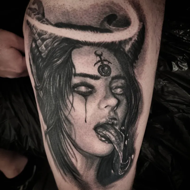 Black and grey realism portrait tattoo by Tomek Turlej, tattoo artist in Edinburgh