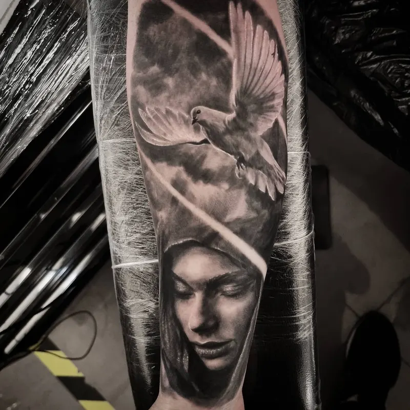 Realistic black and grey portrait tattoo healed, by Tomek Turlej at Studio XIII Gallery Edinburgh