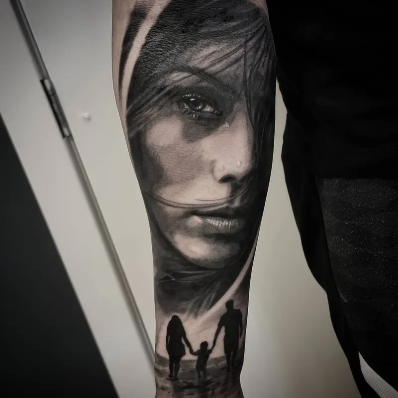 Fine detail black and grey portrait tattoo, custom work by Edinburgh tattoo artist Tomek Turlej
