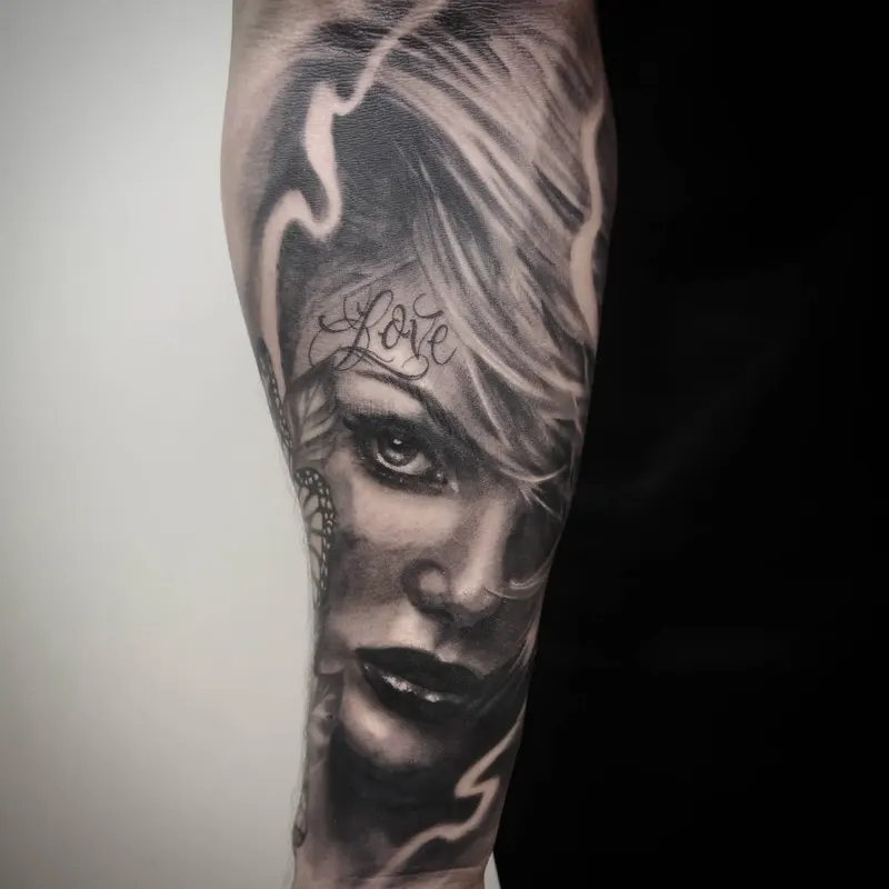 Photorealistic black and grey portrait tattoo by Tomek Turlej, Studio XIII Gallery, Scotland