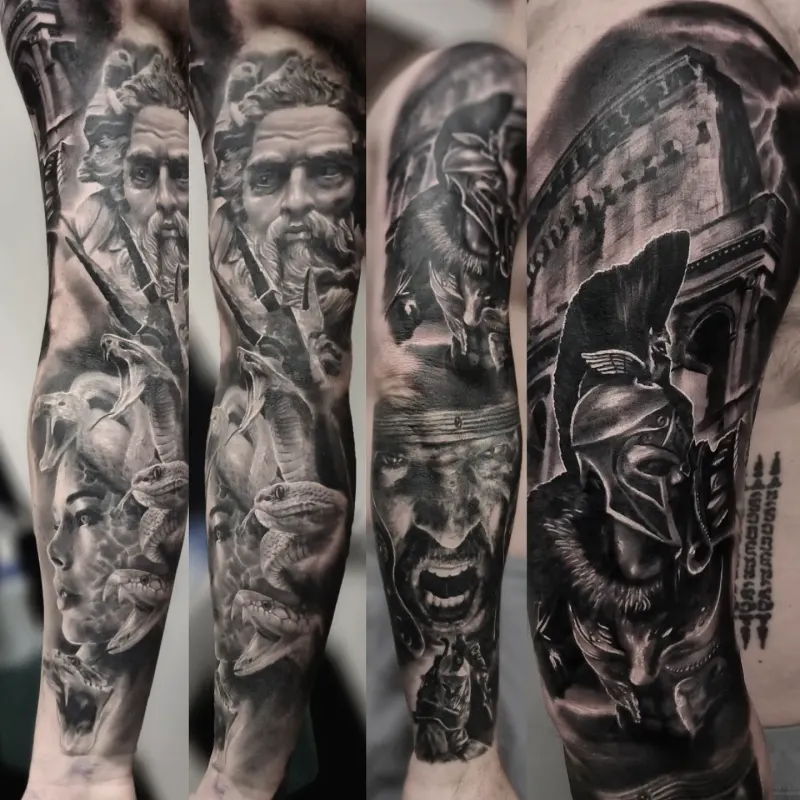 Black and grey full sleeve tattoo by Tomek Turlej at Studio XIII Gallery Edinburgh