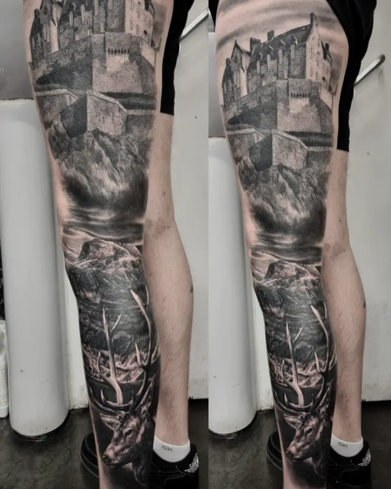 Custom black and grey realism sleeve by Edinburgh tattoo artist Tomek Turlej