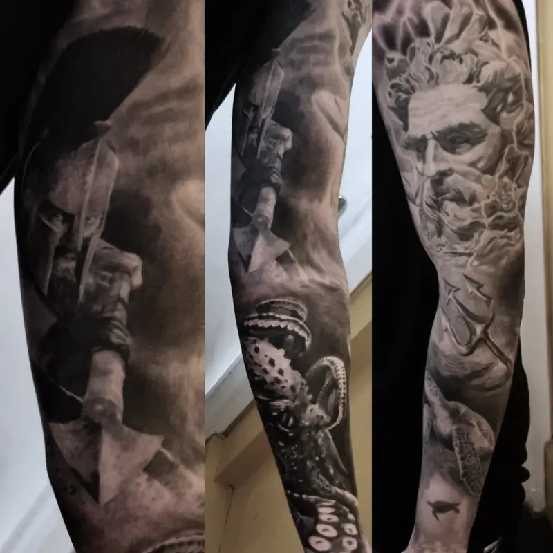 Full black and grey realism sleeve tattoo by Tomek Turlej, Edinburgh