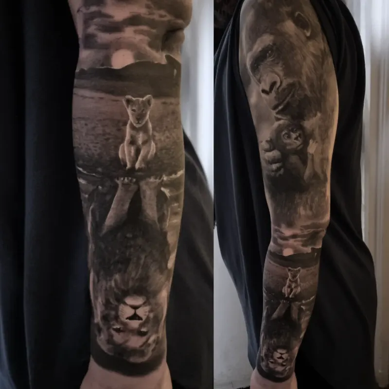 Black and grey full sleeve tattoo by Tomek Turlej at Studio XIII Gallery Edinburgh