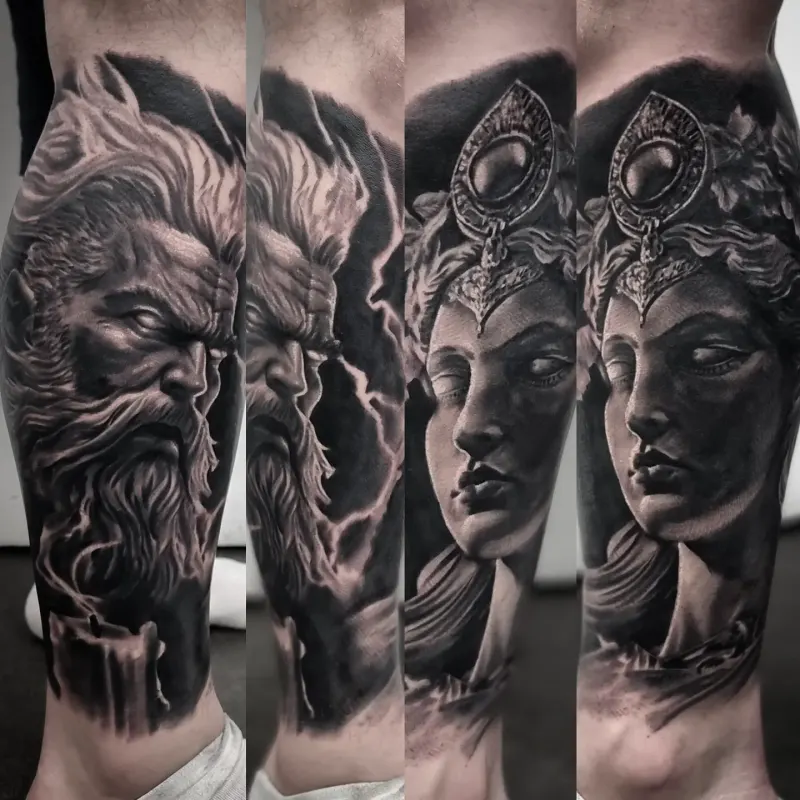 Custom black and grey realism sleeve by Edinburgh tattoo artist Tomek Turlej