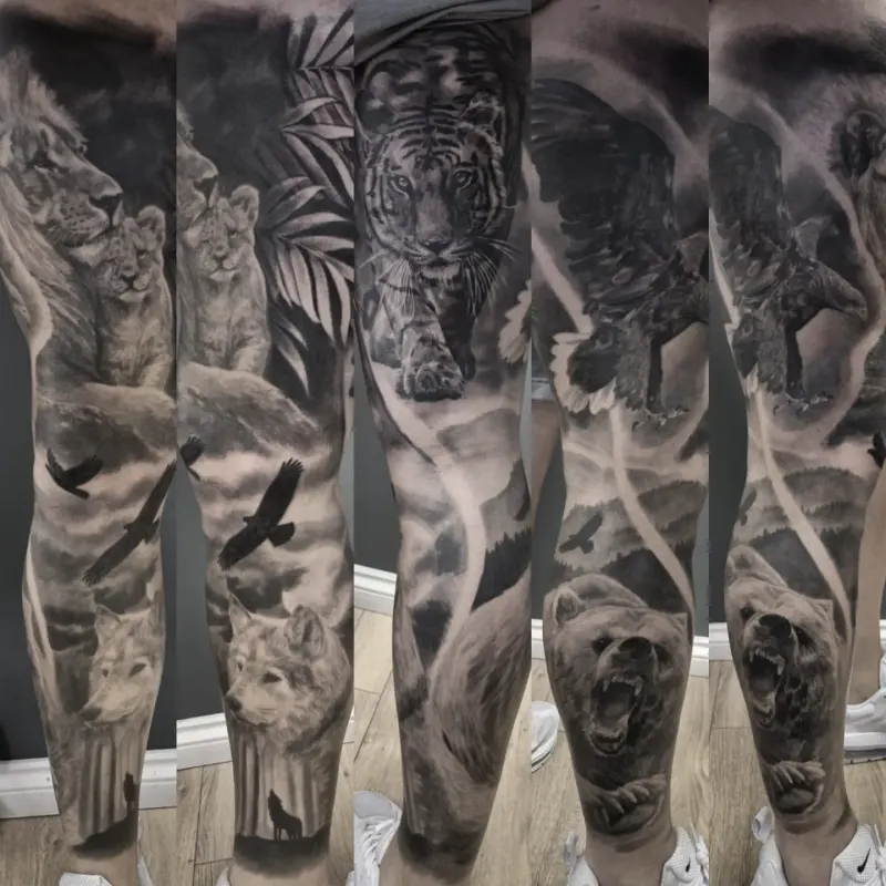 Large scale black and grey sleeve tattoo by Tomek Turlej, Studio XIII Gallery, Scotland